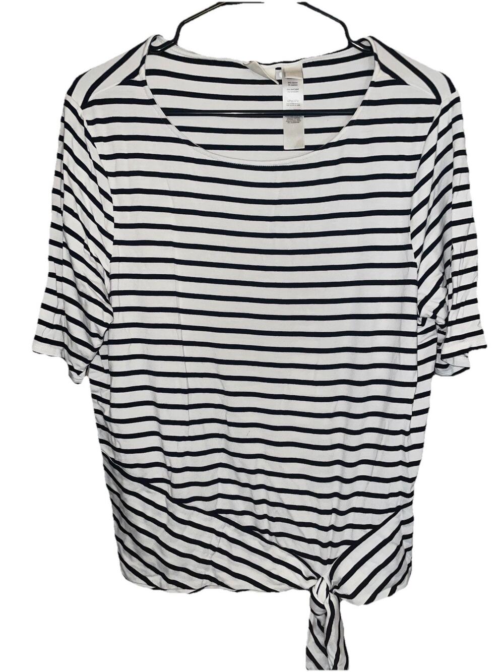Chico’s Women’s 3/4 Sleeve Blouse Black White Stripes Sz 2 (L 12) Tie Knot